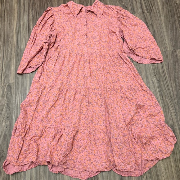 Floral Pink Button-Up Dress ditsy floral poppy sleeve plus size 1x cottage - Picture 1 of 8
